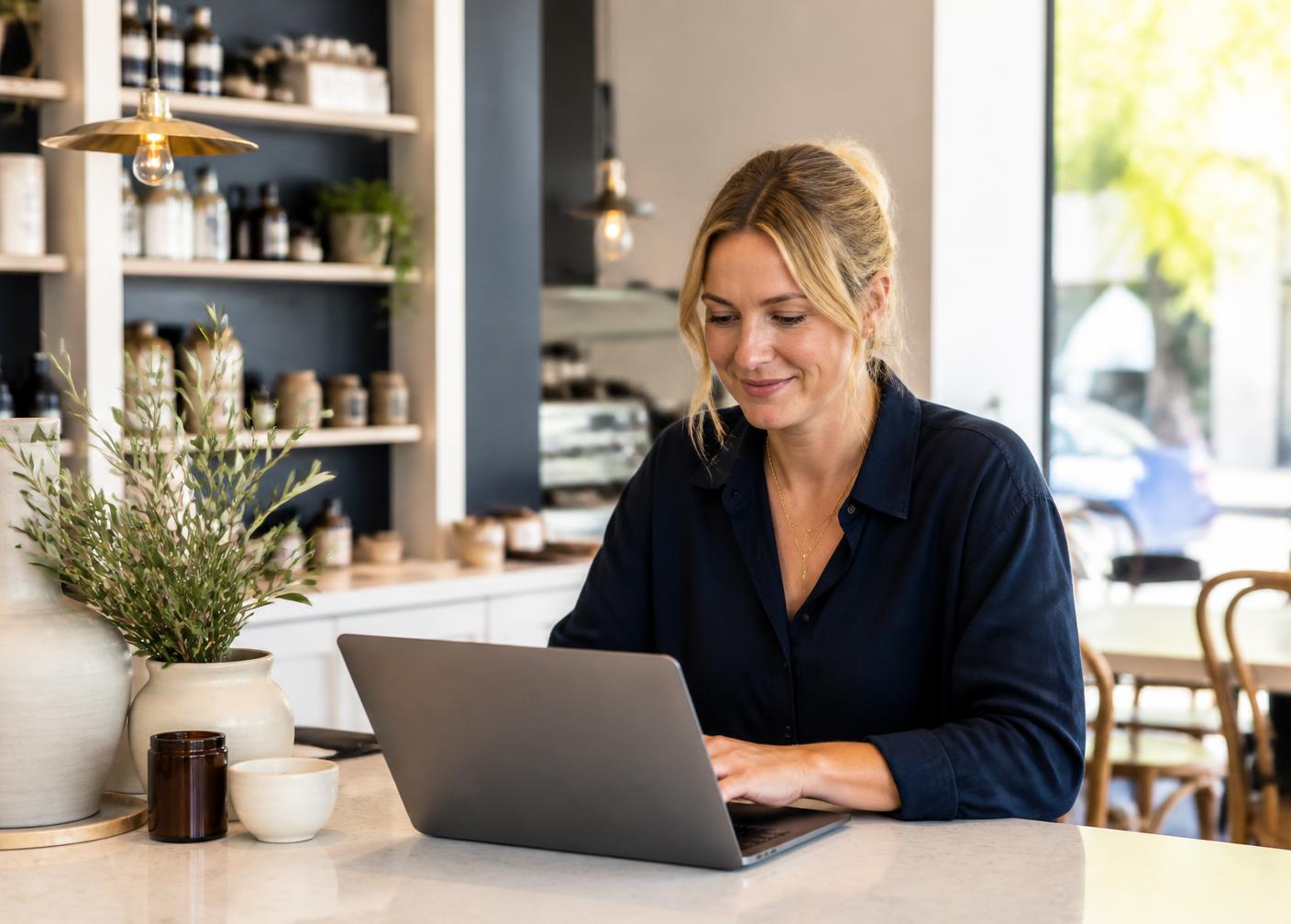 A small business owner working on a laptop in her shop